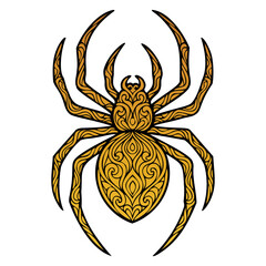 A spider with gold and black designs on its body. The spider is drawn in a stylized way, with intricate patterns and details. Scene is elegant and sophisticated, with the gold