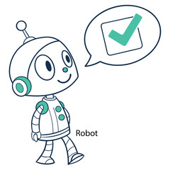 friendly cartoon robot with speech bubble checkmark showing approval in minimal vector art style
