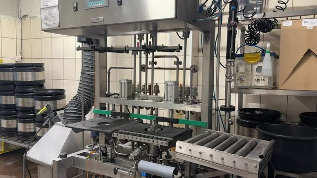 Automated keg cleaning and filling station with stainless steel components, hoses, control interface, and stacked beer kegs in a brewery facility.
