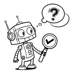 cartoon robot holding magnifying glass with question mark representing search for digital answers