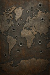 Geographical world map crafted from bronze with bullet hole details showcasing a blend of history and conflict Generative AI