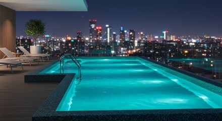 Rooftop pool at night with city view