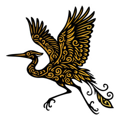A bird with a long neck and a long beak is flying in the air. The bird is gold and black in color