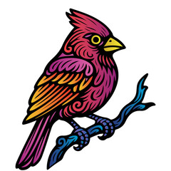 A colorful bird with a pink head and orange wings sits on a branch. The bird is surrounded by a rainbow of colors, giving it a vibrant and lively appearance. Concept of joy and energy