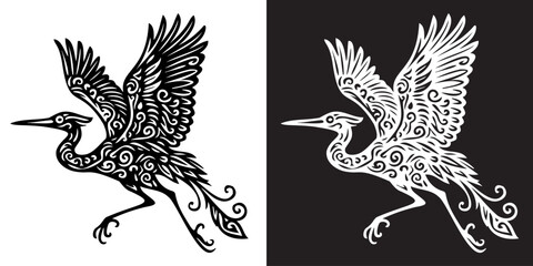 A black and white drawing of a bird with a long neck and long legs. The bird is flying in the air