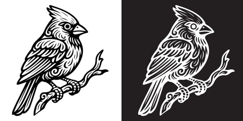Vintage styled artwork showcasing an intricately detailed bird perched on a branch, presented in black and white. This design depicts artistic craftsmanship and natural beauty
