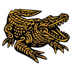 A gold and black crocodile with its mouth open. The crocodile is surrounded by a white background
