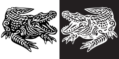 The black and white image of a crocodile has a very bold and striking appearance. The crocodile is shown in two different positions, one with its mouth open and the other with its mouth closed