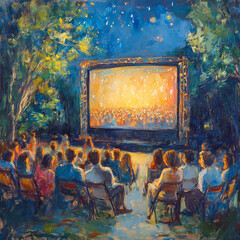 Outdoor cinema scene with audience watching movie under stars  