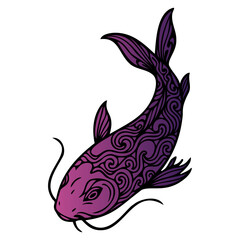 A purple fish with a black eye and a pink tail. The fish is drawn in a style that is reminiscent of Japanese art