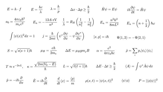 Set of 30 core essential atomic and quantum physics formulas and equations, ideal for science visuals, educational materials and infographics, transparent background