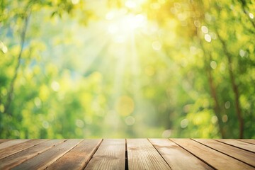Vibrant Springtime Nature Background Wooden Table in Sunlit Forest