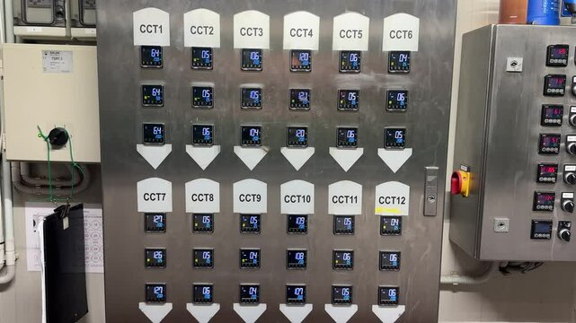 Fermentation tank control panel labeled CCT1 to CCT12 with digital temperature controllers and indicators in a stainless steel brewery system.
