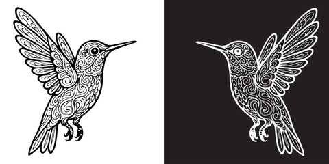 Two birds, one white and one black, with intricate designs on their wings. The white bird is perched on a branch, while the black bird is flying in the air