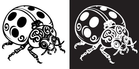A black and white drawing of a ladybug with a lot of dots. The ladybug is on the left side of the image and the right side is a mirror image of the ladybug