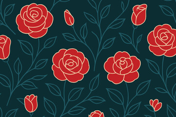 Seamless Red Rose Floral Pattern on Dark Teal Background
