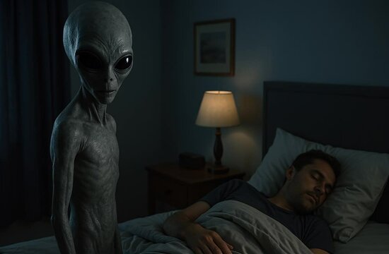 Gray alien watching a man sleeping peacefully in his bed at night