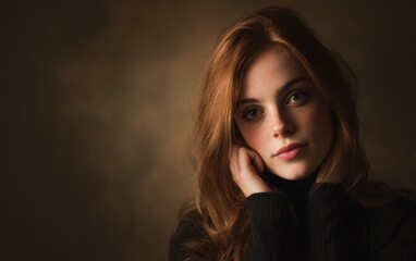 Fototapeta premium Stunning portrait of a young redhead woman with freckles. Elegant style, calm mood. Ideal for fashion, beauty, and lifestyle projects.