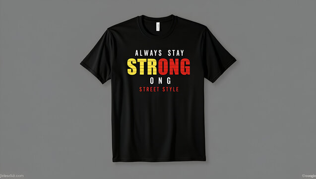 Black Tee with Motivational Quote: A stylish black tee, adorned with the powerful message "ALWAYS STAY STRONG", designed in an urban street style, embodies resilience and empowerment.