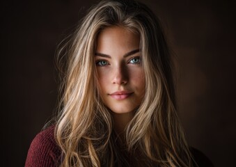 Fototapeta premium Stunning blonde woman portrait, captivating gaze, natural beauty. Ideal for beauty, fashion, and advertising. Perfect for websites, magazines, and social media.
