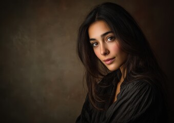 Fototapeta premium Stunning portrait of a young woman with long dark hair. Elegant style, calm atmosphere. Ideal for fashion, beauty, and advertising. Perfect for websites, magazines, and social media.