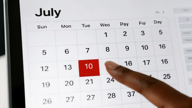 Hand pointing digital calendar July tenth marking Black Womens Equal Pay Day reminder of important date for social justice pay equity awareness events concept