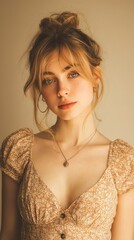 Stunning portrait of a young woman with blonde hair and freckles, wearing a floral dress. Perfect for fashion, beauty, and lifestyle projects. Ideal for websites, blogs, and social media.
