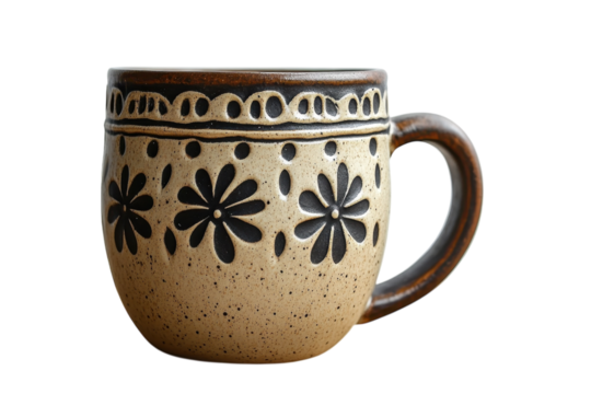 A charming ceramic mug adorned with whimsical black flower motifs evoking rustic comfort and a on transparent background