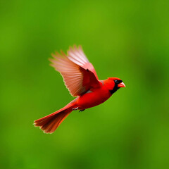 Crimson Cardinal in Flight: A vibrant red cardinal, wings fully outstretched, soars gracefully against a soft, green backdrop, showcasing its natural beauty.