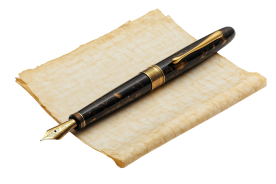 A classic fountain pen rests gracefully on aged parchment evoking timeless elegance and the on transparent background