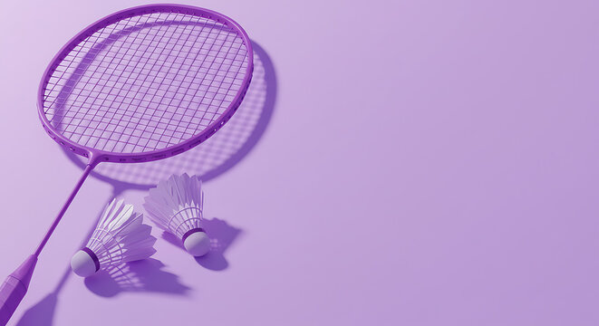 Raquetas de b&aacute;dminton y transbordador espacial con fondo p&uacute;rpura claro