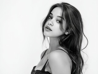 Fototapeta premium Monochrome beauty portrait of a woman with long hair. Elegant, stylish, and perfect for fashion, beauty, or cosmetic advertising. Ideal for websites, magazines, and social media.