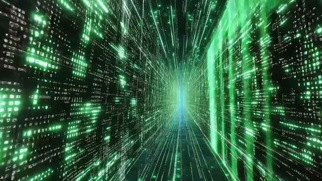 Digital tunnel glowing green code