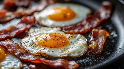 Delicious Breakfast Photography of Eggs and Bacon in Pan