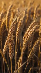 Stalks of wheat in a field at golden hour, shallow depth of field.
