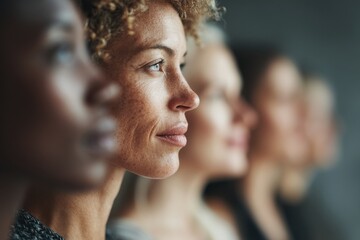 Fototapeta premium A diverse group of women standing in a line, demonstrating unity and strength, with a focus on inclusivity and female empowerment, showcasing different ethnicities.