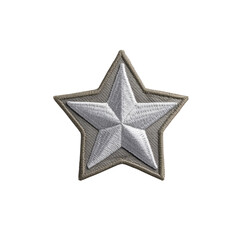 Obraz premium Silver embroidered star patch with gray border, symbolizing achievement or rank, is displayed on transparency background. detailed stitching gives it textured appearance