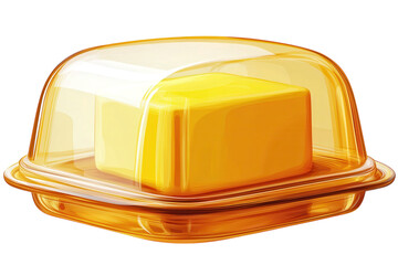 A cube of golden butter gleams invitingly nestled within a sleek translucent butter dish on a on transparent background