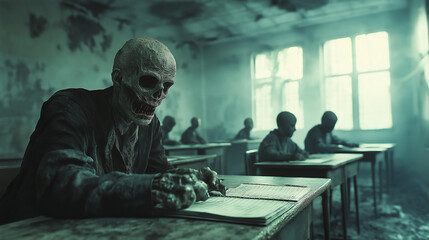 Skeletons seated at desks during final school exams in a dark classroom  