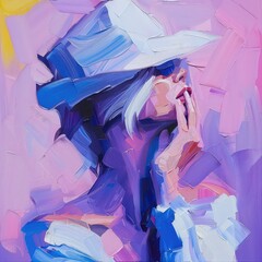 Elegant portrait of a woman with a white hat rendered in an impressionistic oil painting style