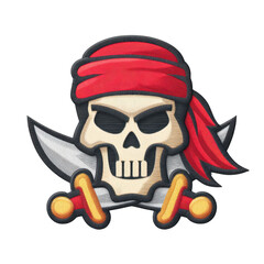 Fototapeta premium Skull with red bandana and crossed swords creates classic pirate emblem, evoking adventure and mystery. design features bold colors and textured appearance