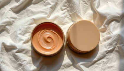 bold flat lay of skin balm tin on a cotton base, with terracotta and cream colors, moody side lighting radiance, soothing textures, high resolution