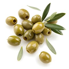 Green olives and leaves on a bright white background in close up