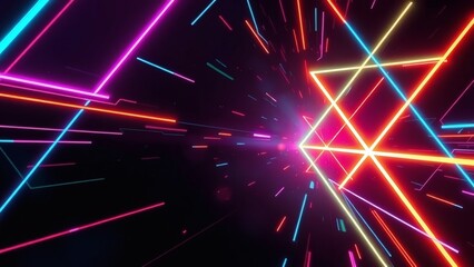 Naklejka premium Experience a futuristic cyberspace backdrop with vibrant neon geometric shapes and glowing light trails against a deep, textured, and subtly animated dark background.