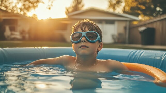 Cool Boy in Inflatable Pool Enjoying Summer Sun with Goggles Relaxing in Water with Inner Tube at Sunset