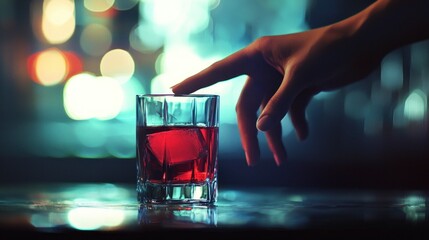 Nightlife Enigma: A Single Glass of Red Liquor with Ice, Illuminated by City Lights