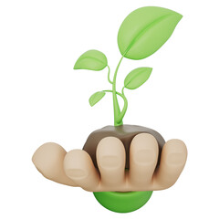 3D hand holding green seedling growing from brown soil representing eco friendly growth care sustainability nature environment energy life organic earth transparent background 3d illustration