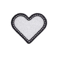 Heart shaped fabric patch with black border and white stitching, perfect for adding touch of love to clothing or accessories. simple design is both charming and versatile