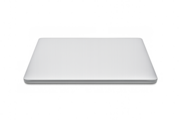 Silver laptop closed, resting on transparent surface with clean minimalist background