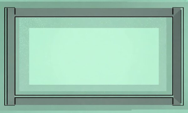 Light mint backdrop edged by a thin charcoal frame, generous blank middle for titles